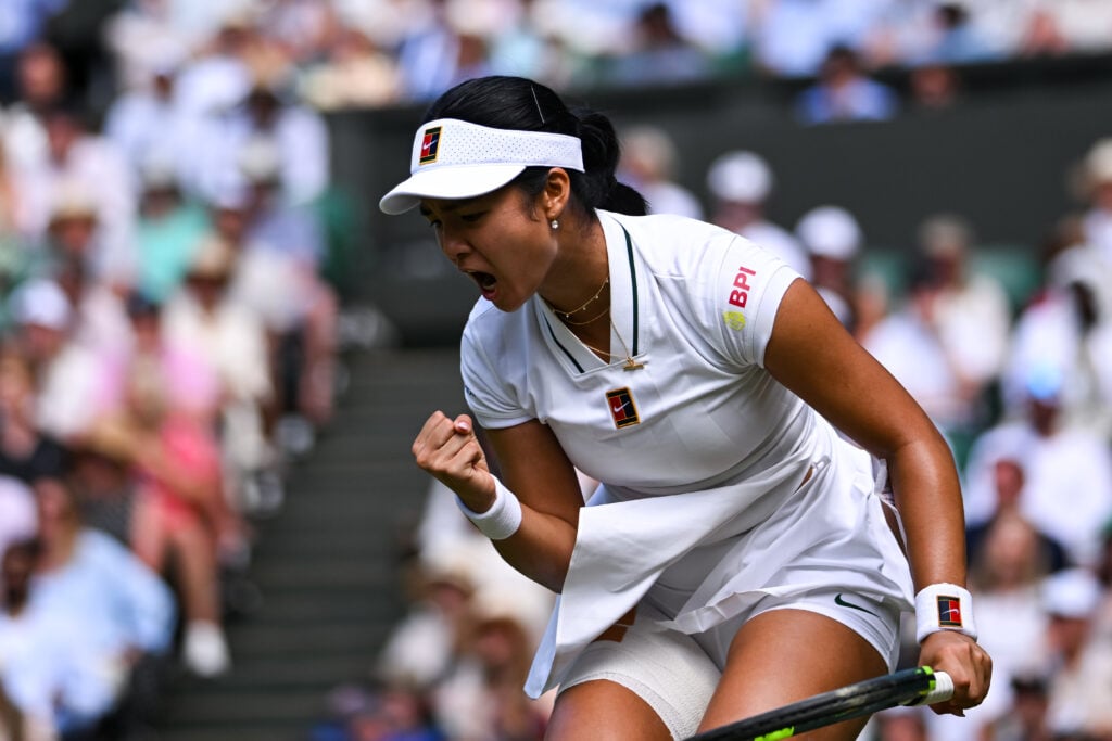 Alexandra Eala reacts during her match against Iga Swiatek at Wimbledon in 2026.