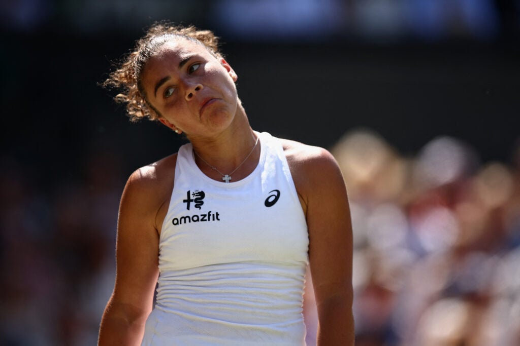 Jasmine Paolini reacts during her match against Marta Kostyuk at Wimbledon in 2026.