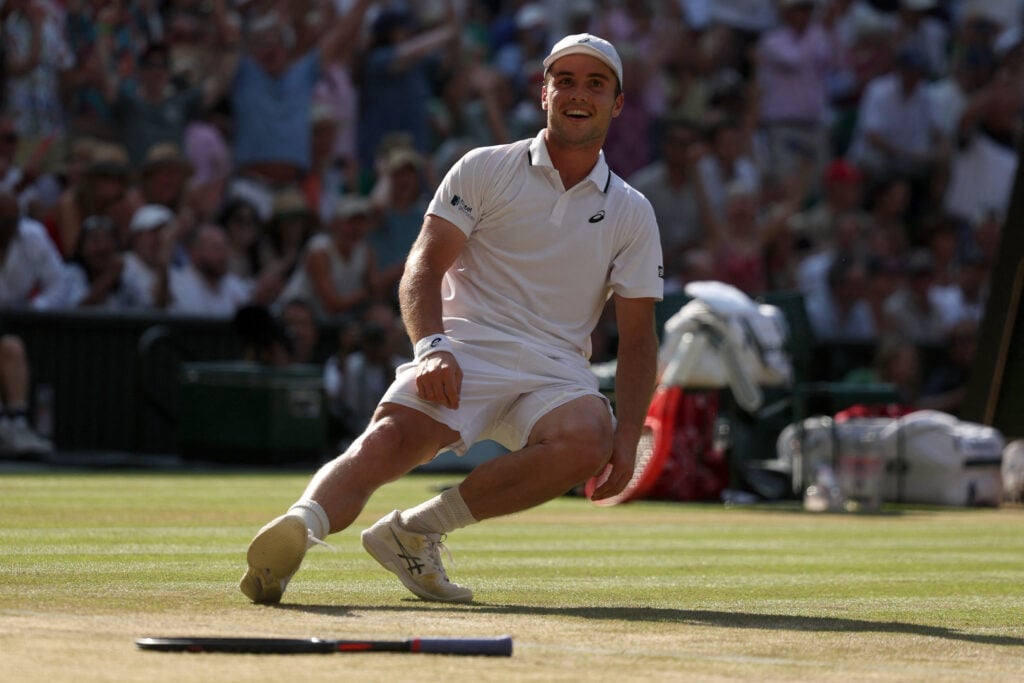 Arthur Fery celebrates beating Flavio Cobolli in the 2026 Wimbledon quarter-finals.