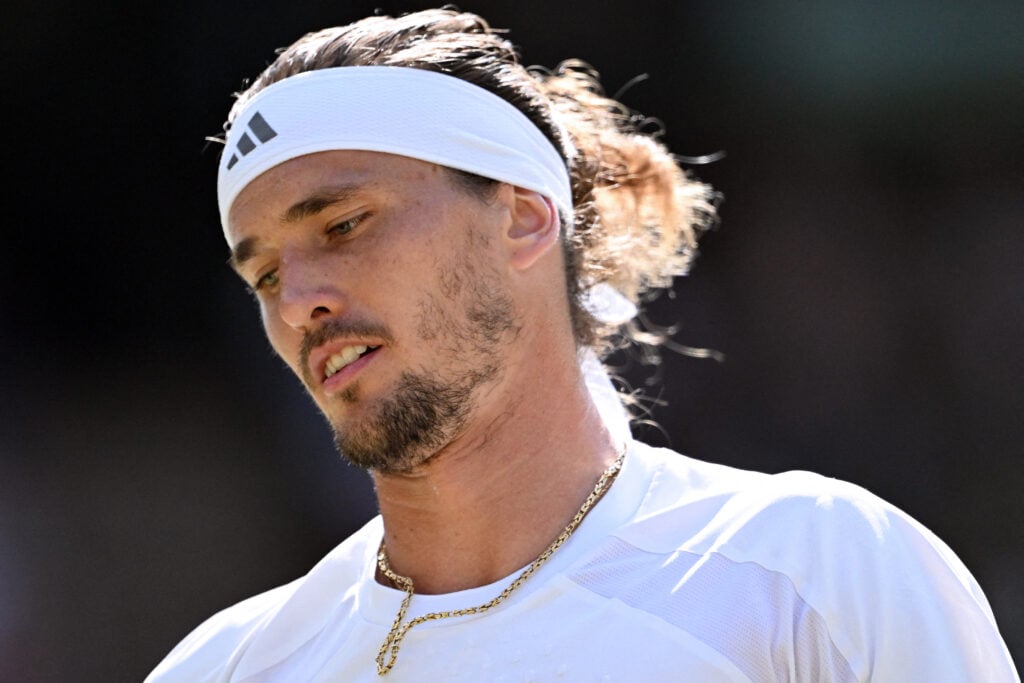 Alexander Zverev reacts during his win over Taylor Fritz at Wimbledon in 2026.