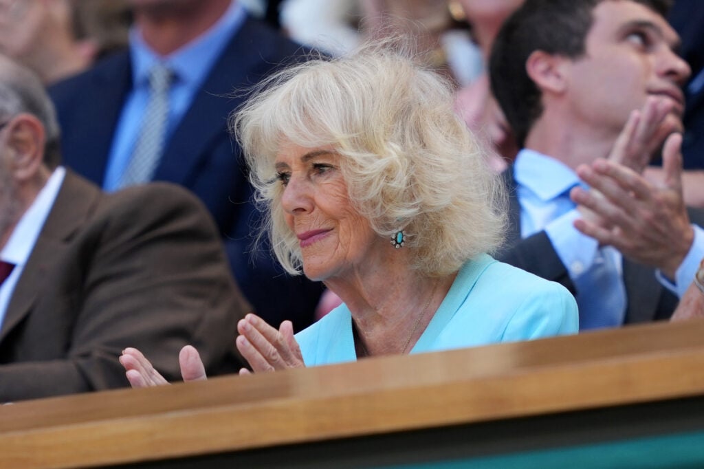 Queen Camilla is seen attending in the Royal Box during Day Ten of the The Championships - Wimbledon 2026 at All England Lawn Tennis and Croquet Club on July 8, 2026 in London, England.