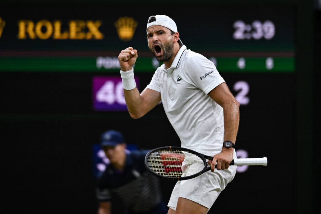 Grigor Dimitrov of Bulgaria reacts against Matteo Berrettini of Italy during the Gentlemen's Singles third round match on Day Six of The Championships Wimbledon 2026 at All England Lawn Tennis and Croquet Club on July 04, 2026 in London, England.