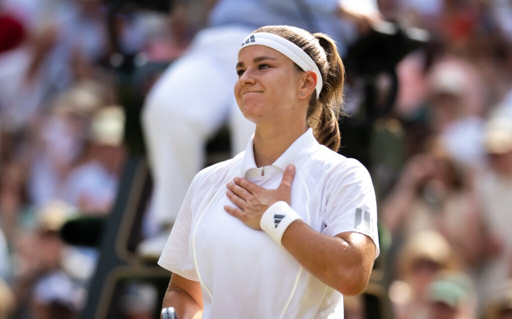 Karolina Muchova reacts after beating Coco Gauff at Wimbledon.