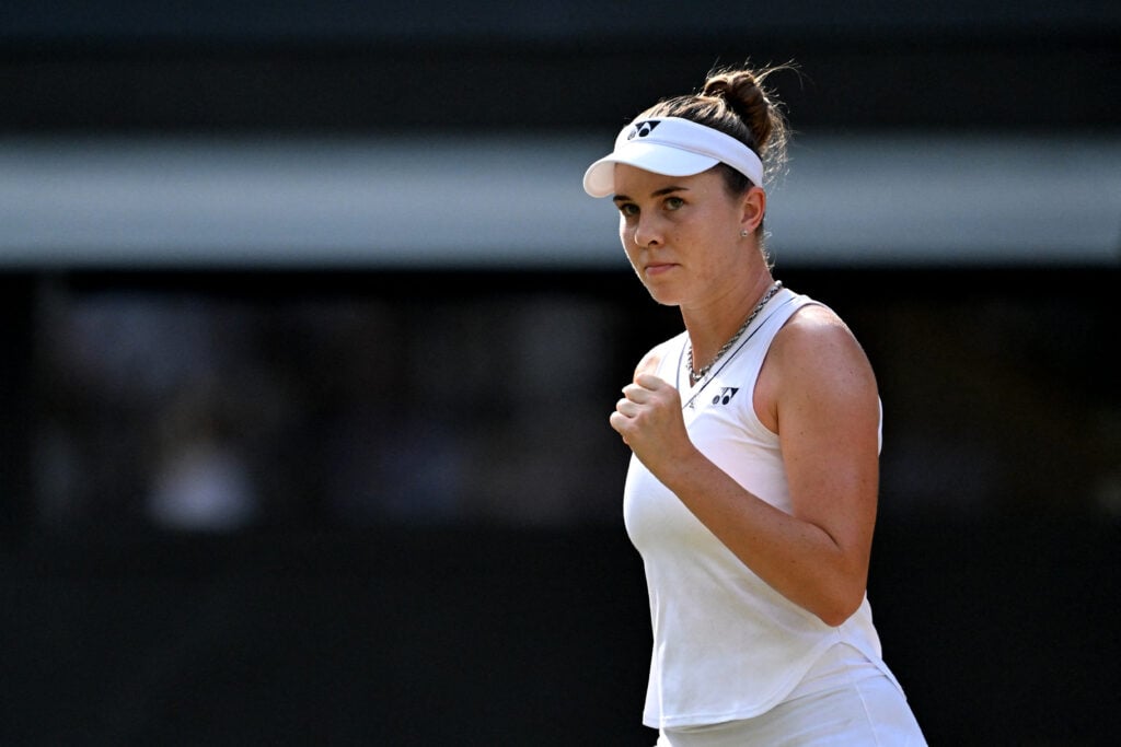 Linda Noskova reacts during her match against Marta Kostyuk at Wimbledon in 2026.