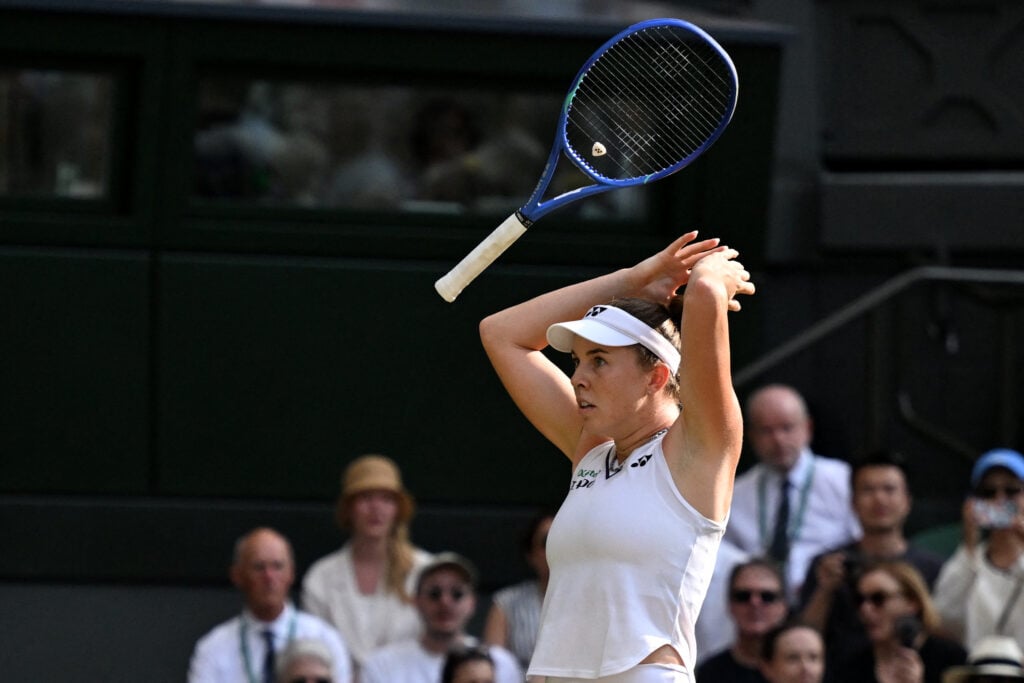 Czech Republic's Linda Noskova celebrates winning against Ukraine's Marta Kostyuk during their women's singles semi-final tennis match on the eleventh day of the 2026 Wimbledon Championships at The All England Lawn Tennis and Croquet Club in Wimbledon, southwest London, on July 9, 2026.