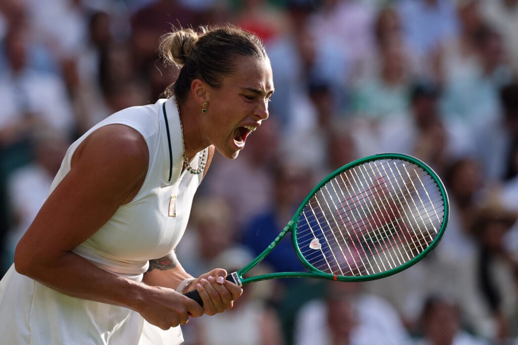 Aryna Sabalenka shouts during the 2026 Wimbledon Championships.