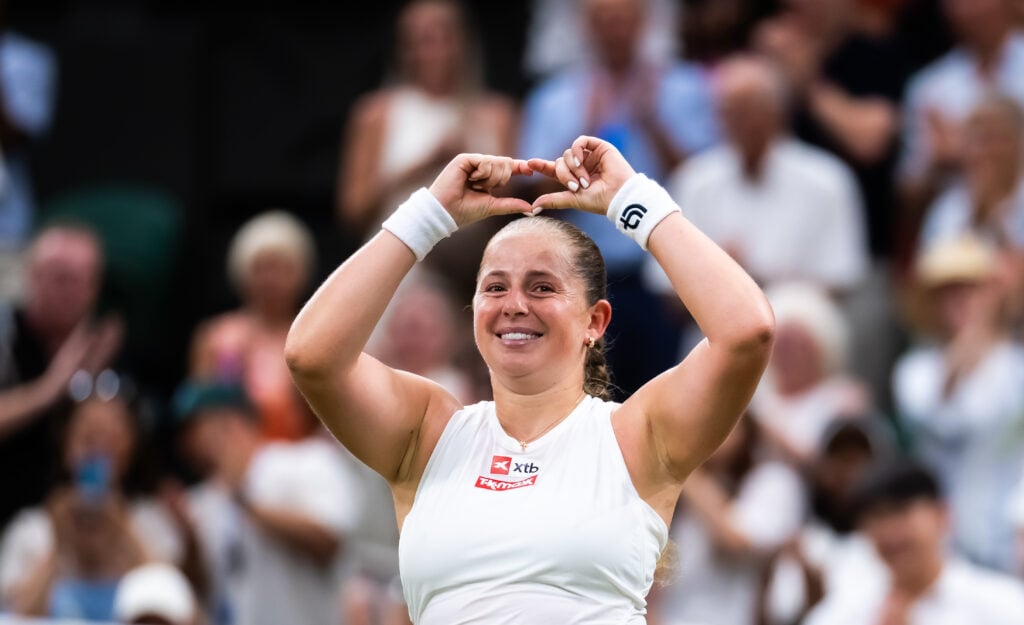 Jelena Ostapenko after winning the Wimbledon mixed doubles title in 2026.