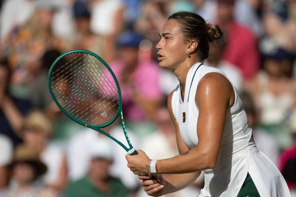 Aryna Sabalenka awaits a return during the 2026 Wimbledon Championships.