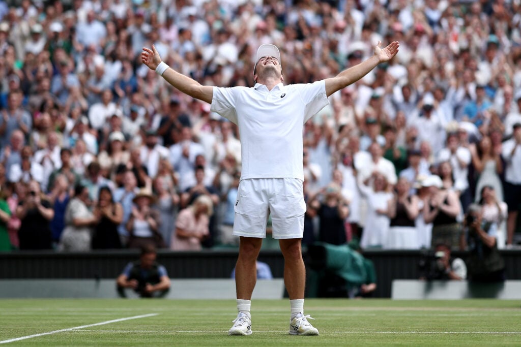 Arthur Fery of Great Britain celebrates victory against Grigor Dimitrov of Bulgaria during their Gentlemen's Singles fourth round match on day eight of The Championships Wimbledon 2026 at All England Lawn Tennis and Croquet Club on July 06, 2026 in London, England.