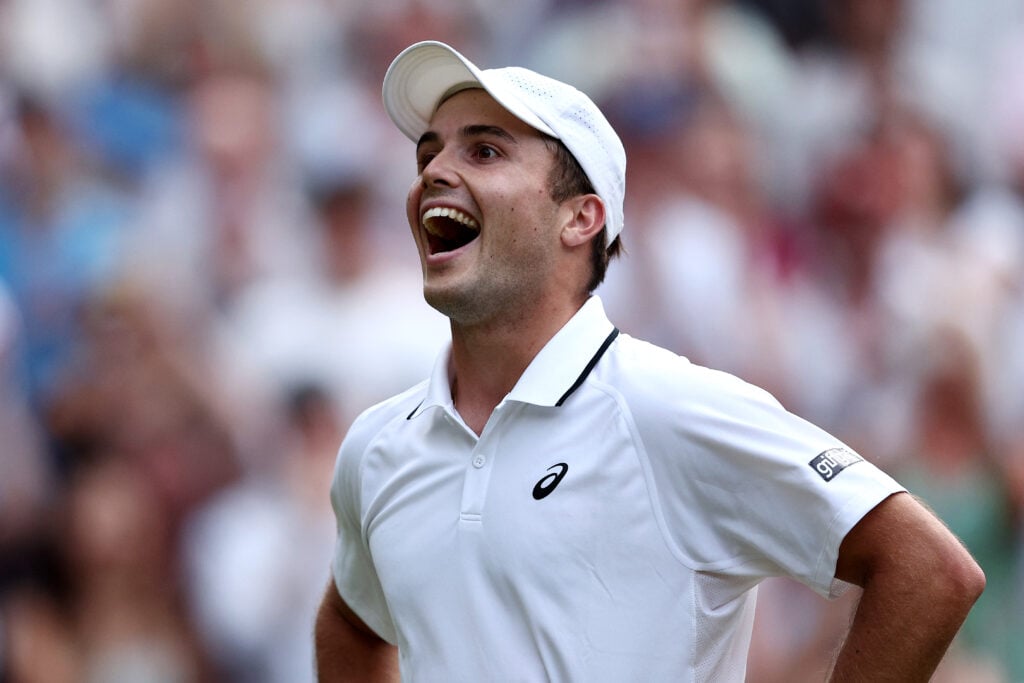 Arthur Fery reacts after beating Grigor Dimitrov at Wimbledon in 2026.