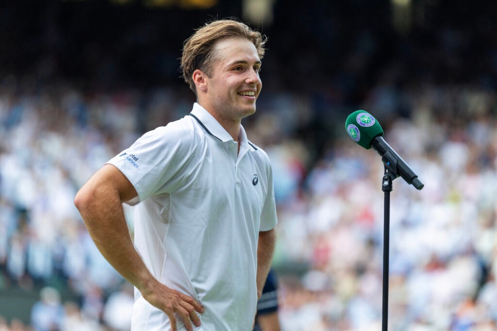 Arthur Fery speaks after beating Grigor Dimitrov at Wimbledon in 2026.