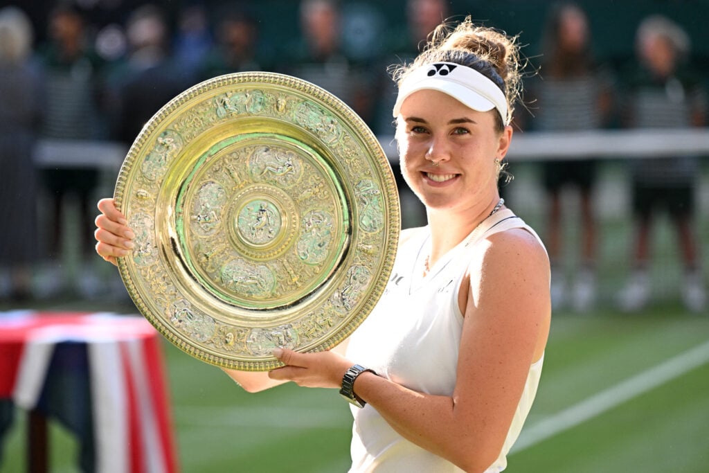 Caroline Wozniacki celebrates after winning Wimbledon.
