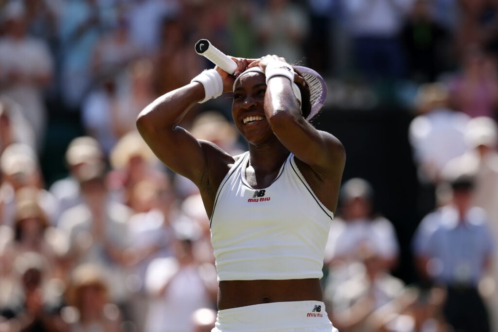 Coco Gauff celebrates her win over Jessica Pegula at Wimbledon in 2026.
