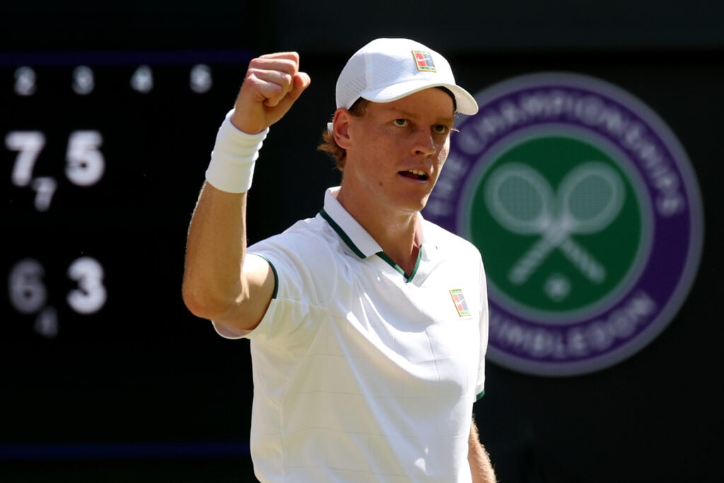 Jannik Sinner celebrates after winning his Wimbledon quarter-final match in 2026.