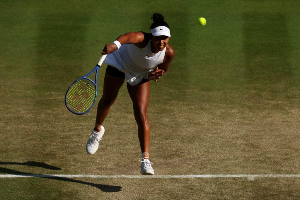 Naomi Osaka of Japan serves against Karolina Muchova of Czechia during their Ladies' Singles quarterfinal match on day nine of The Championships Wimbledon 2026 at All England Lawn Tennis and Croquet Club on July 07, 2026 in London, England.