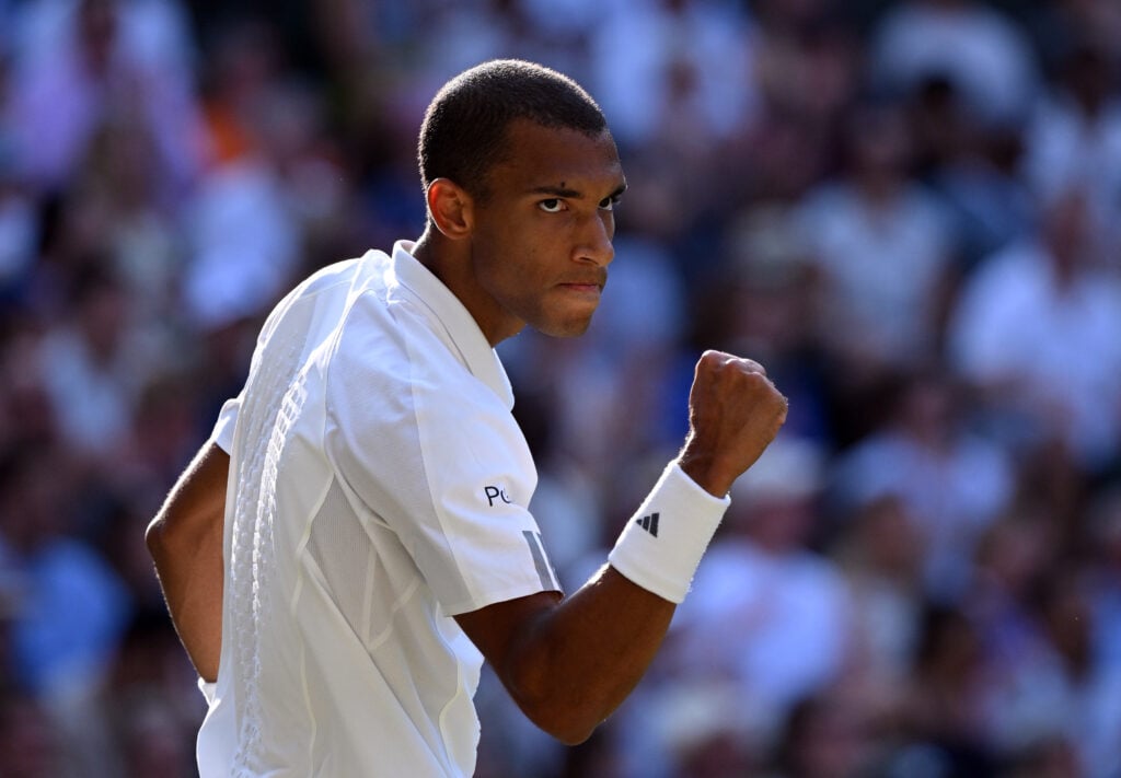 Felix Auger-Aliassime celebrates during the 2026 Wimbledon quarter-finals.