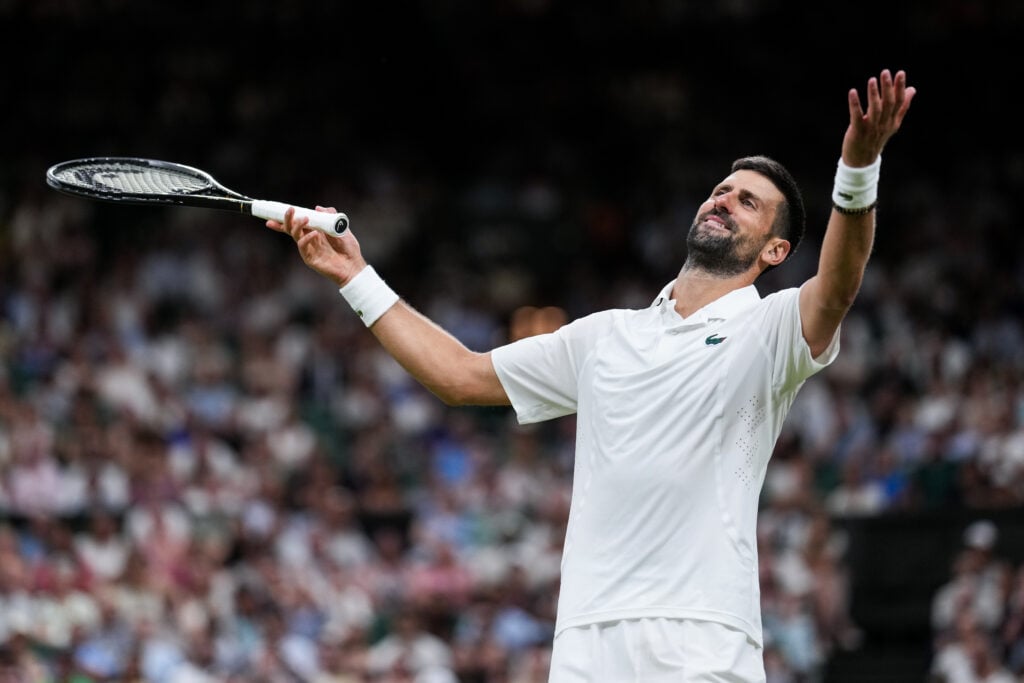 Novak Djokovic reacts during his win over Felix Auger-Aliassime at Wimbledon in 2026.