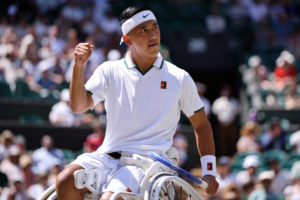 Tokito Oda celebrates winning at Wimbledon in 2026.