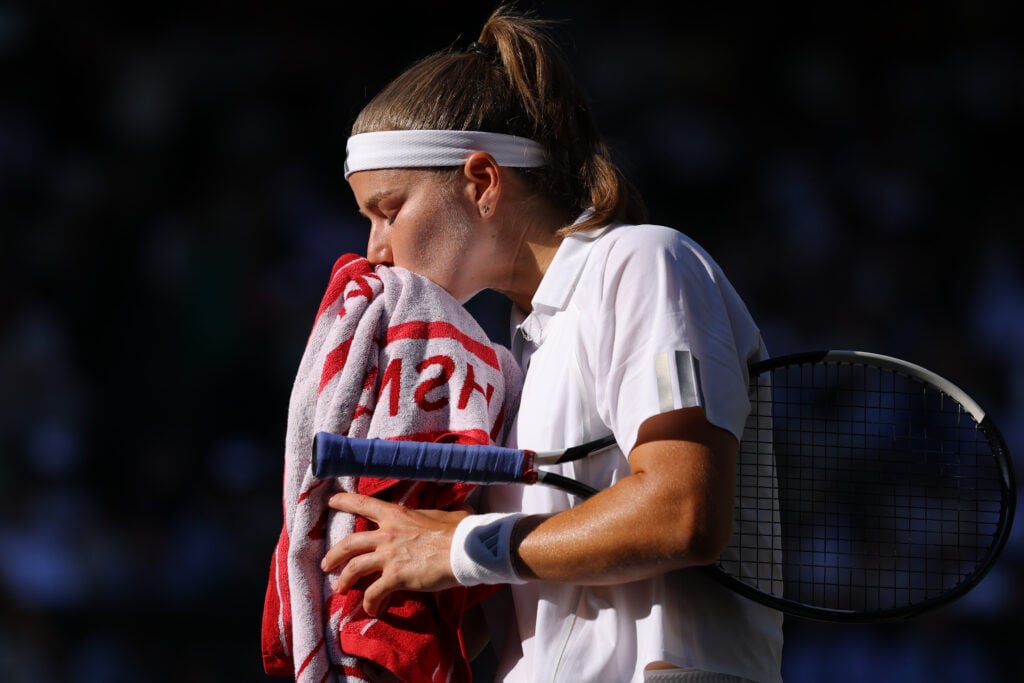 Karolina Muchova reacts during her Wimbledon final defeat to Linda Noskova.