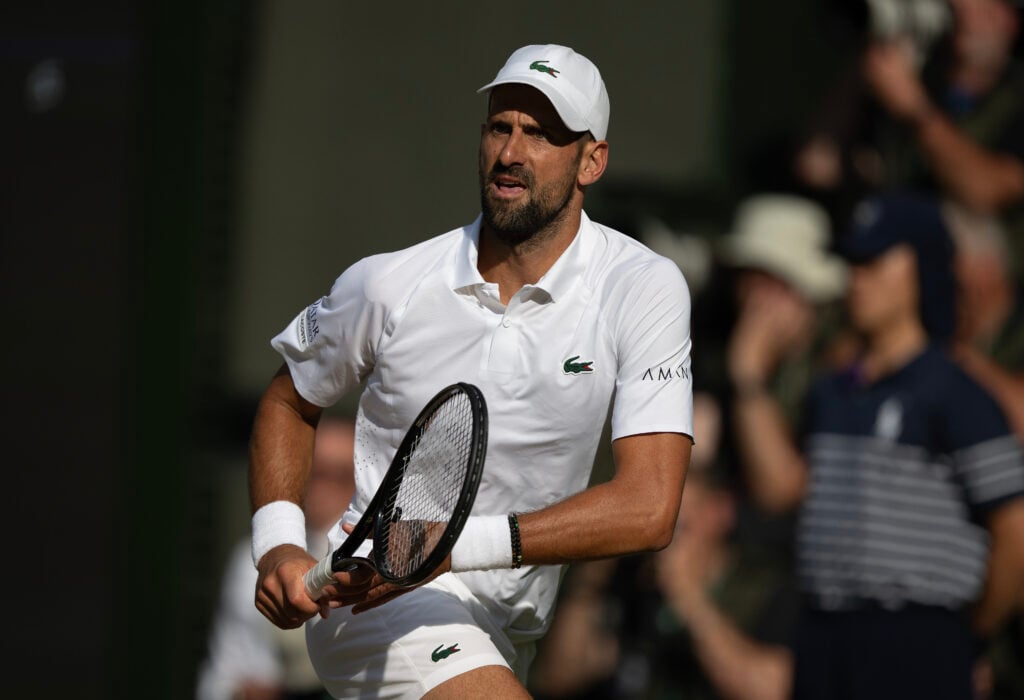 Novak Djokovic during his match against Felix Auger-Aliassime at Wimbledon in 2026.