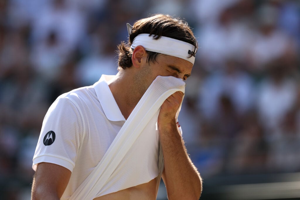 Taylor Fritz reacts during his defeat to Alexander Zverev at the 2026 Wimbledon Championships.
