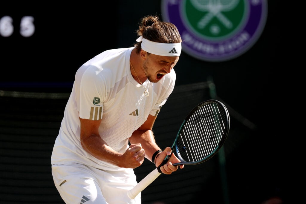 Alexander Zverev celebrates at the 2026 Wimbledon Championships.