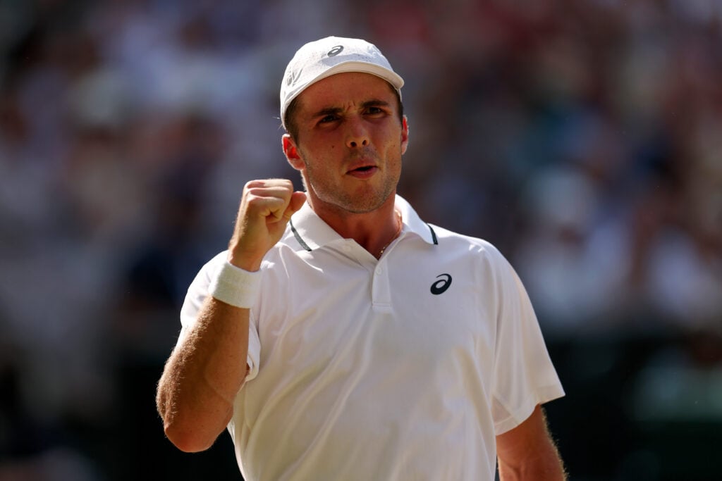 Arthur Fery celebrates during his Wimbledon quarter-final win over Flavio Cobolli.