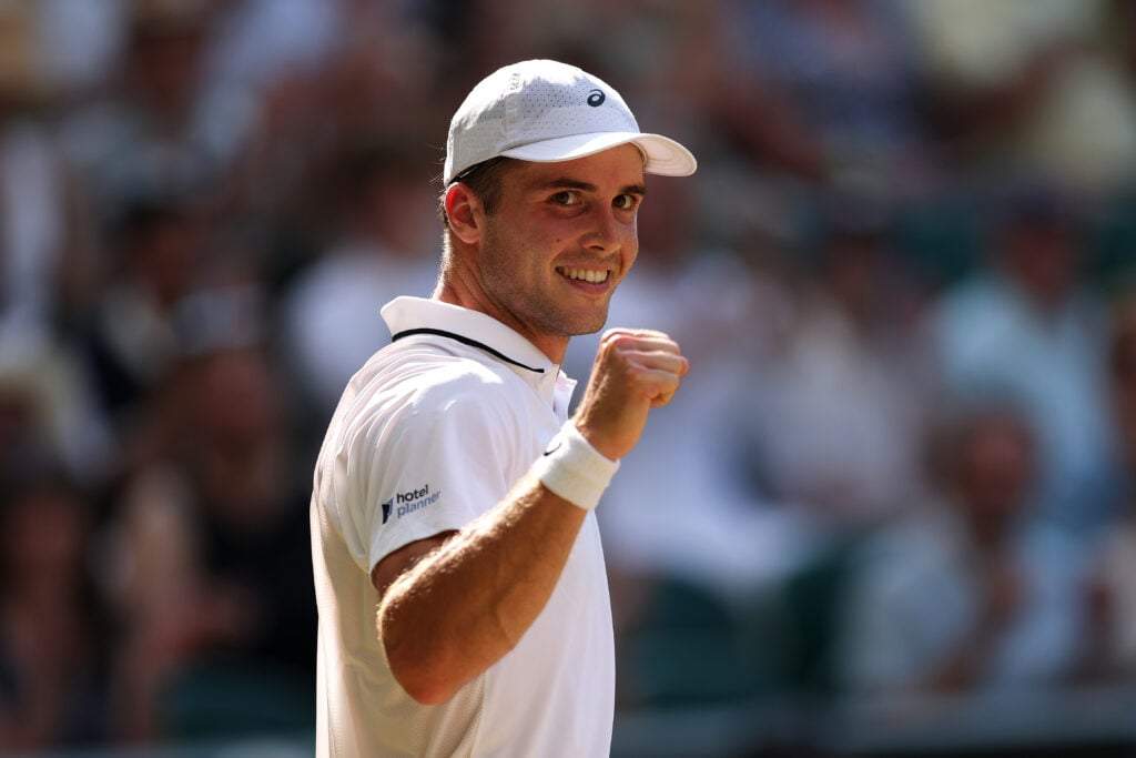Arthur Fery of Great Britain celebrates a point against Flavio Cobolli of Italy during their Gentlemen's Singles quarterfinal match on day ten of The Championships Wimbledon 2026 at All England Lawn Tennis and Croquet Club on July 08, 2026 in London, England.