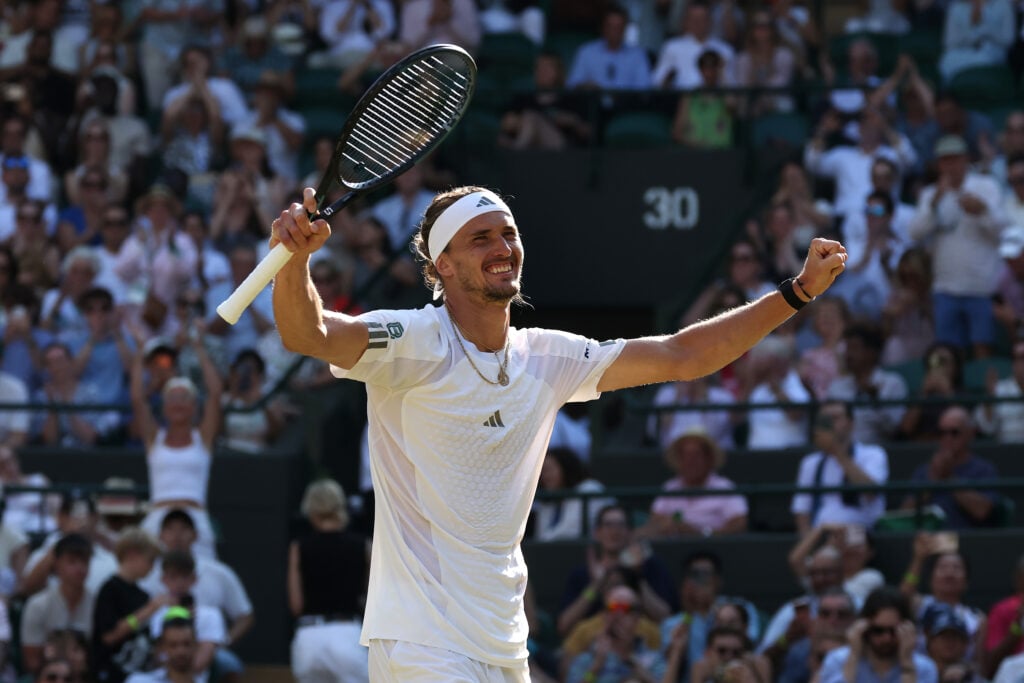Alexander Zverev celebrates after beating Taylor Fritz at Wimbledon.