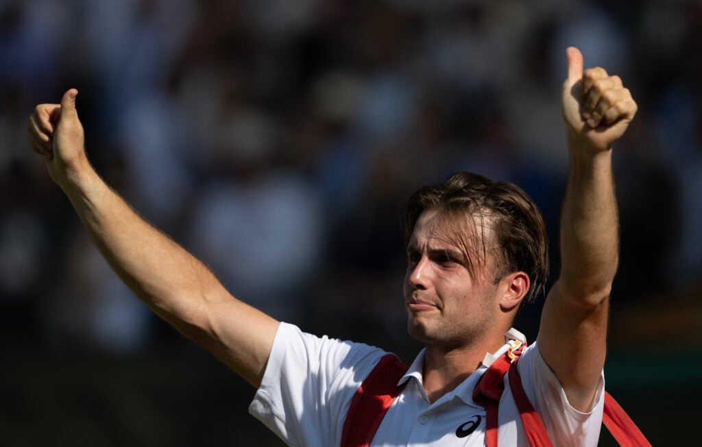 Arthur Fery acknowledges the centre court crowd after winning his quarter-final match against Flavio Cobolli on day ten of The Championships Wimbledon 2026 at All England Lawn Tennis and Croquet Club on July 8, 2026 in London, England.