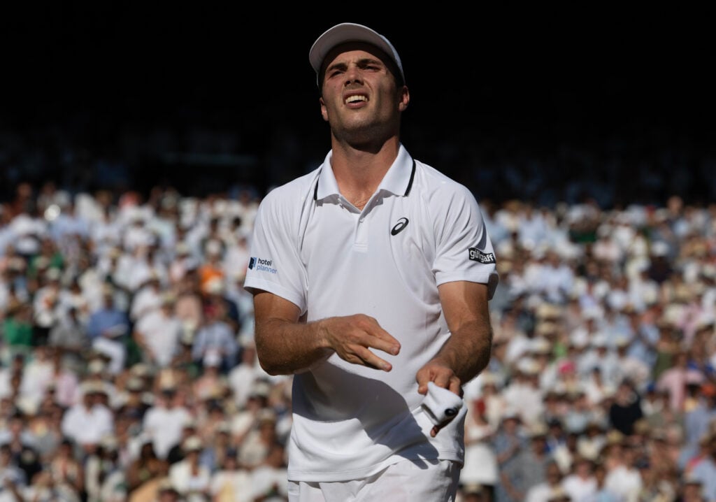 Arthur Fery reacts after his win over Flavio Cobolli at Wimbledon