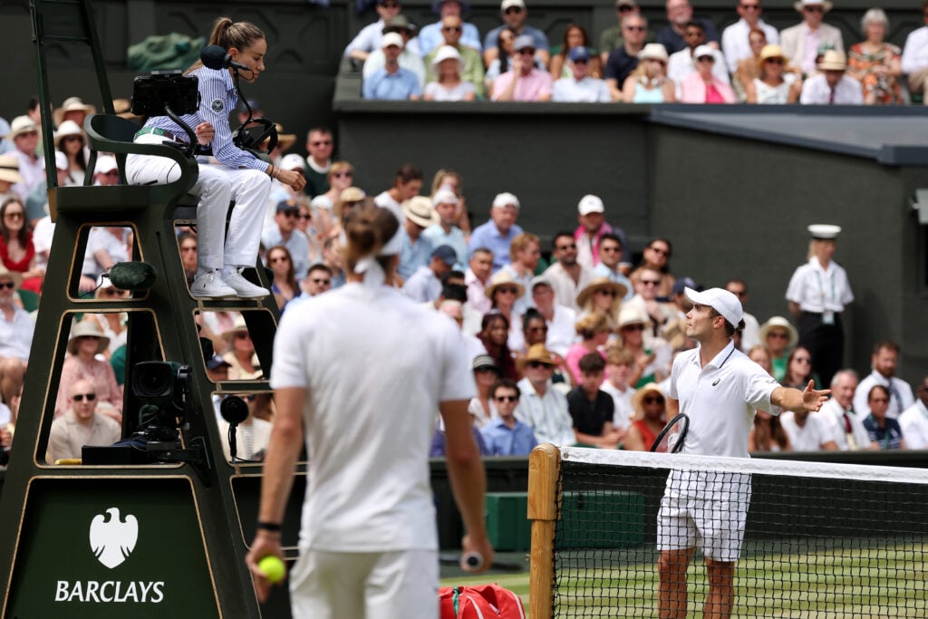 Arthur Fery complains to the umpire during his Wimbledon defeat to Alexander Zverev.