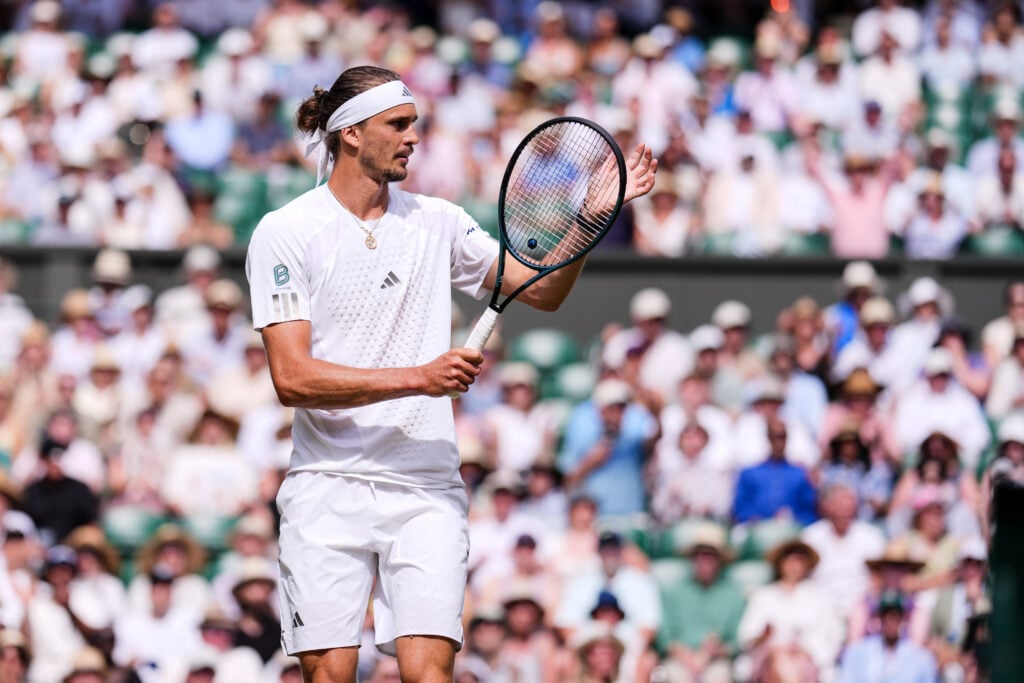 Alexander Zverev of Germany reacts in the Gentlemen's Singles Semi Finals match against Arthur Fery of United Kingdom on day twelve of The Championships Wimbledon 2026 at All England Lawn Tennis and Croquet Club on July 10, 2026 in London, England.