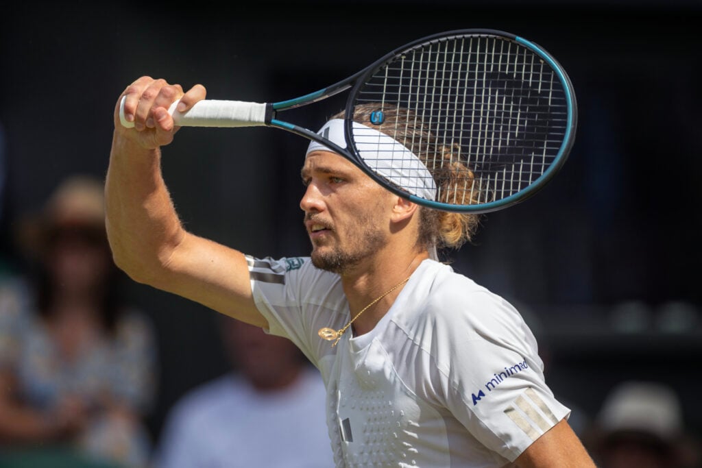 Alexander Zverev of Germany during his match against Arthur Fery of Great Britain in the semi-final round of the Gentlemen's Singles Competition on Centre Court during the Wimbledon Lawn Tennis Championships at the All England Lawn Tennis and Croquet Club at Wimbledon on July 10th, 2026, in London, England.