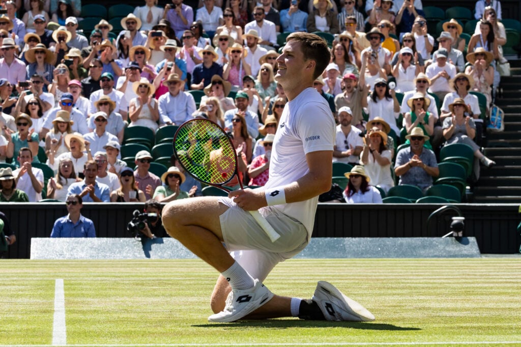 Henry Patten of United Kingdom reacts after match point in the Gentlemen's Doubles final against Marcelo Arevalo of El Salvador and Mate Pavic of Croatia on day thirteen of The Championships Wimbledon 2026 at All England Lawn Tennis and Croquet Club on July 11, 2026 in London, England.