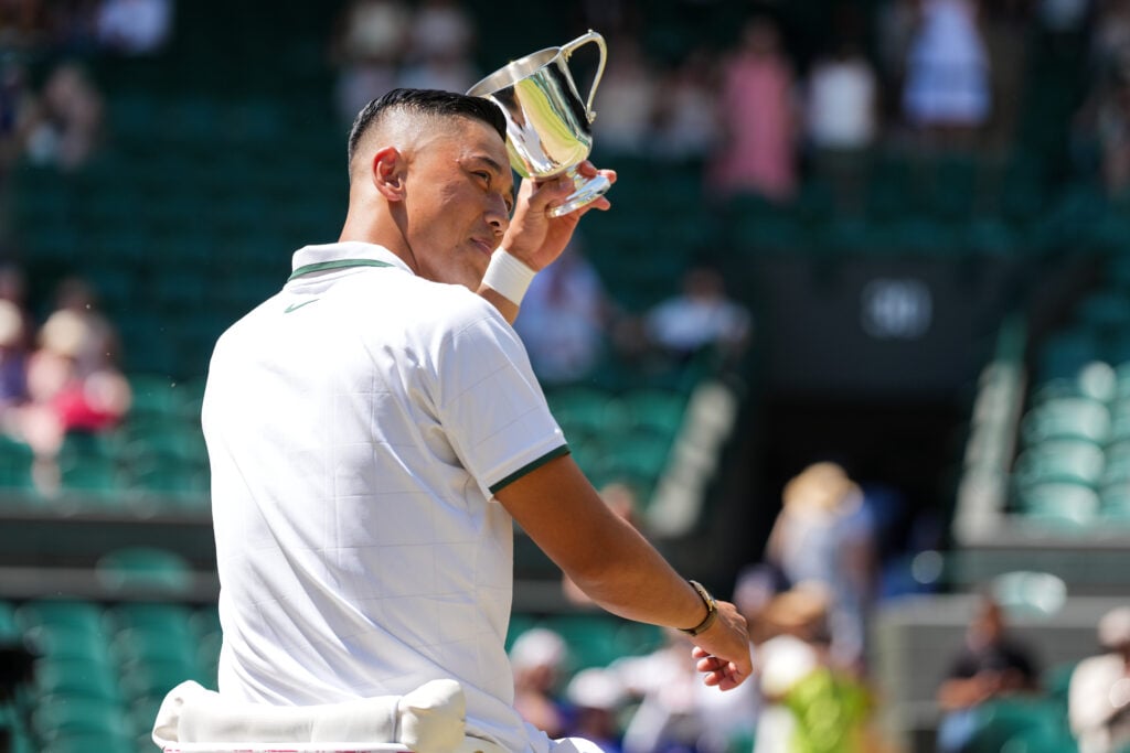 Tokito Oda celebrates after winning Wimbledon in 2026.
