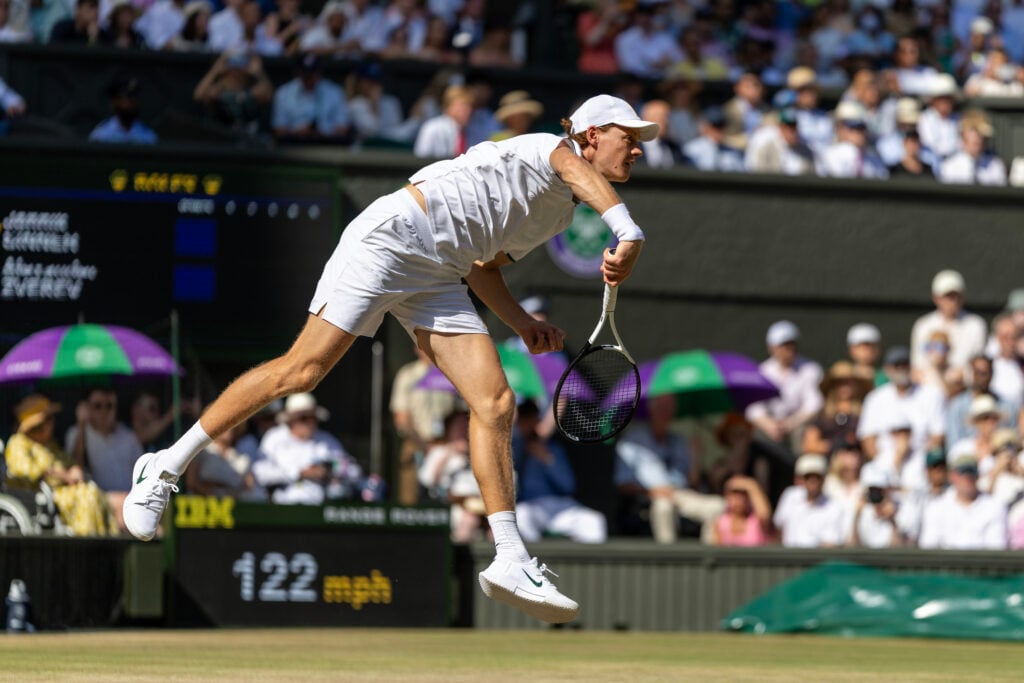 Jannik Sinner pictured serving during the 2026 Wimbledon final.