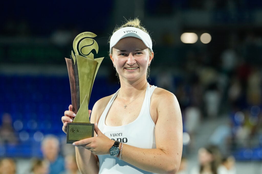 Barbora Krejcikova poses with the trophy after winning the 2026 Athens Open.