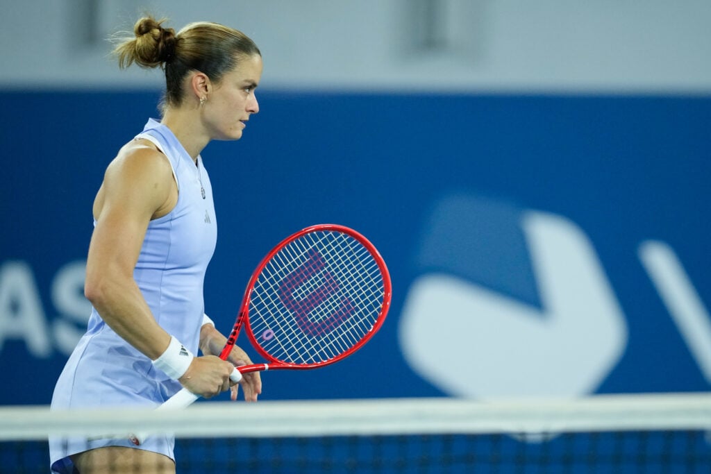 Maria Sakkari of Greece plays against Barbora Krejcikova of the Czech Republic during the singles final of the 2026 Vanda Pharmaceuticals Athens Open women's tennis tournament at the Athens Olympic Tennis Centre in Athens, Greece.