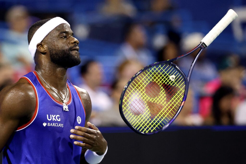 Frances Tiafoe of the United States reacts during a men's singles match against Terence Atmane of France on day one of the Mubadala Citi DC Open 2026 at William H.G. FitzGerald Tennis Center on July 27, 2026 in Washington, DC.