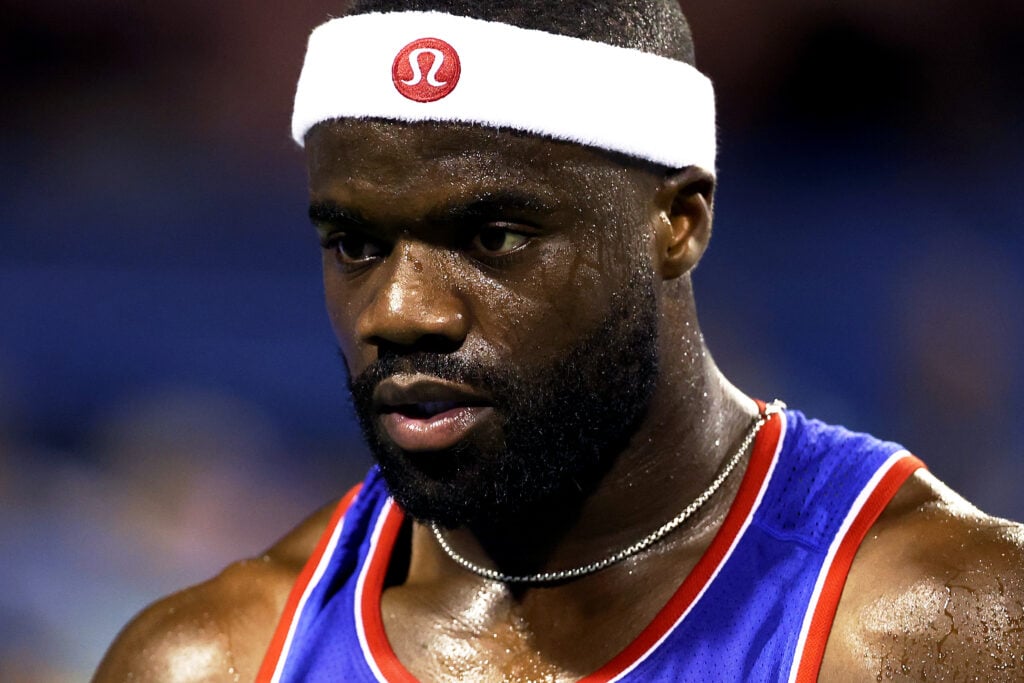 Frances Tiafoe of the United States looks on during a men's singles match against Terence Atmane of France on day one of the Mubadala Citi DC Open 2026 at William H.G. FitzGerald Tennis Center on July 27, 2026 in Washington, DC.