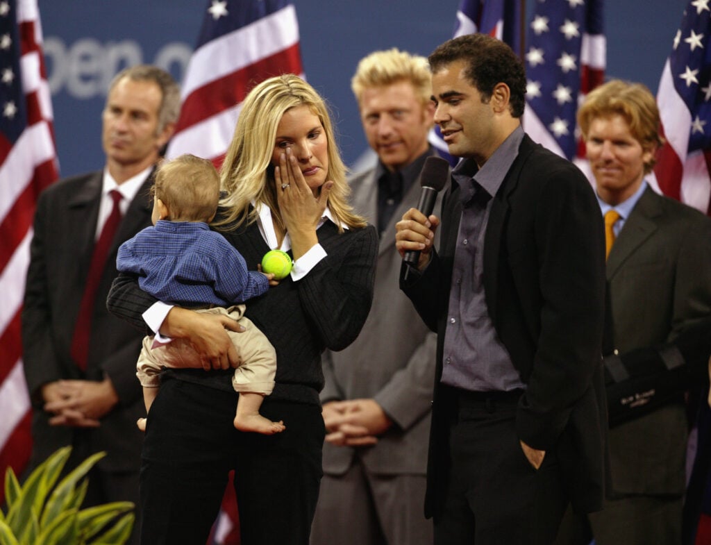 Bridgett Wilson Sampras wipes her eyes as Pete Sampras pays her a tribute during a ceremony to honor his retirement at the US Open on August 25, 2003 at the USTA National Tennis Center, Flushing Meadows Corona Park, in Flushing, New York.