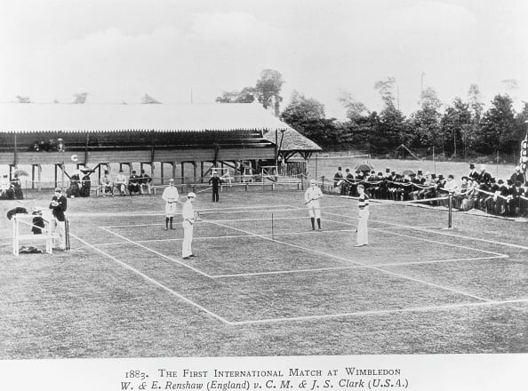 The first international tennis match takes place at Wimbledon, London 1883. The match, between the twins William and Ernest Renshaw of England, and Clarence M Clark and JS Clark of the USA, was won by the Renshaws.