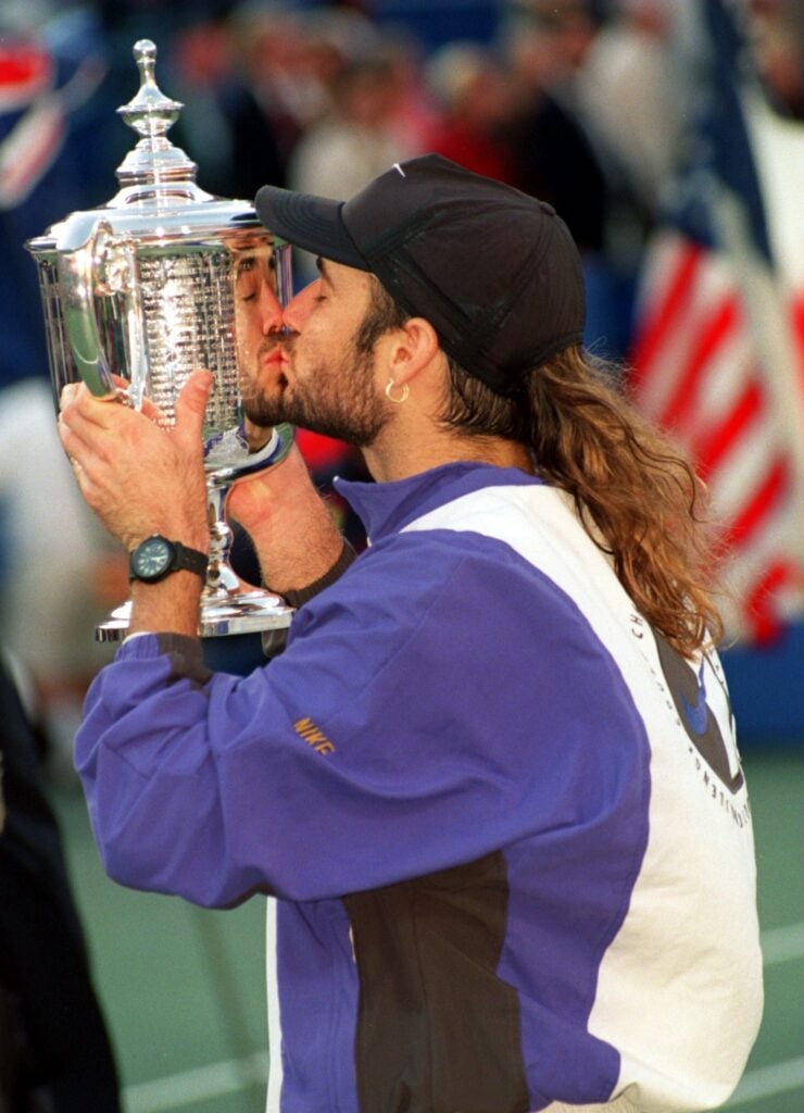Andre Agassi celebrates after winning the US Open in 1994.