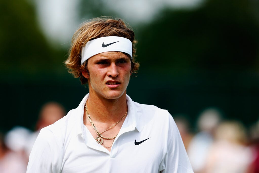 Alexander Zverev of Germany looks on in his Gentlemens Singles Second Round match against Denis Kudla of the United States during day three of the Wimbledon Lawn Tennis Championships at the All England Lawn Tennis and Croquet Club on July 1, 2015 in London, England.