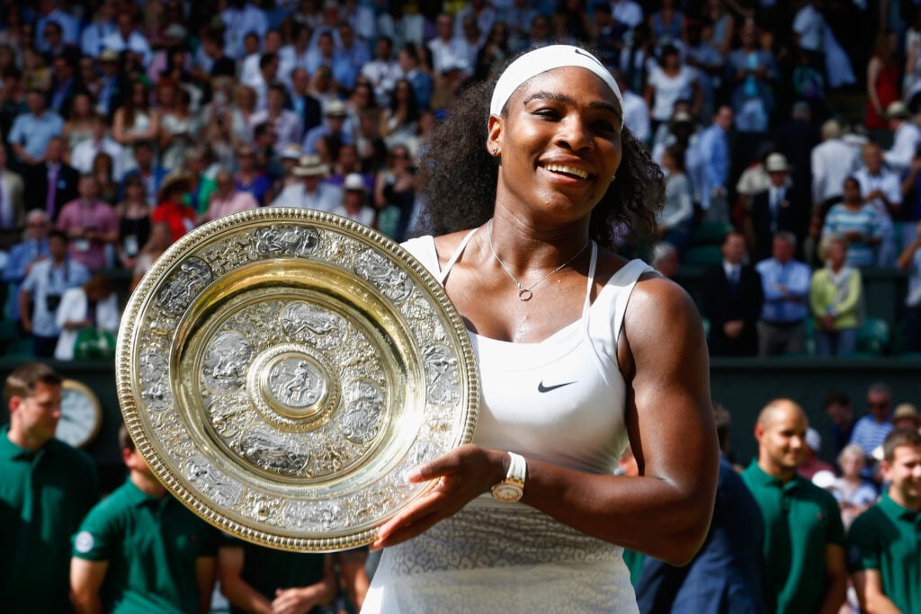 Serena Williams celebrates after winning Wimbledon in 2015.