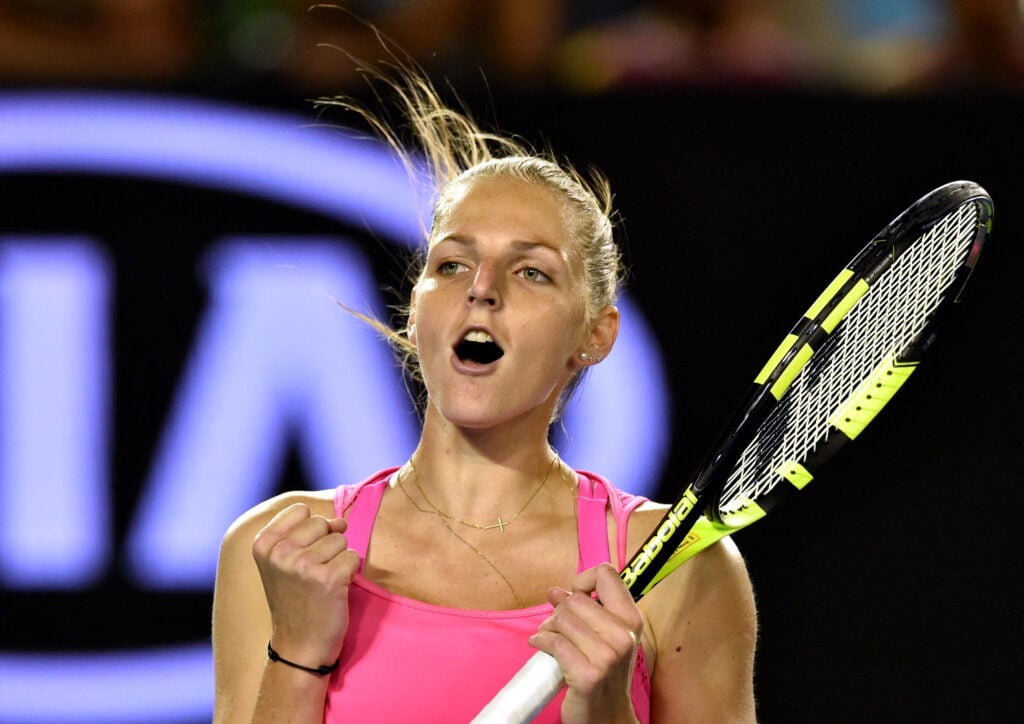Czech Republic's Karolina Pliskova reacts after victory in her women's singles match against Australia's Samantha Stosur on day one of the 2016 Australian Open tennis tournament in Melbourne on January 18, 2016.