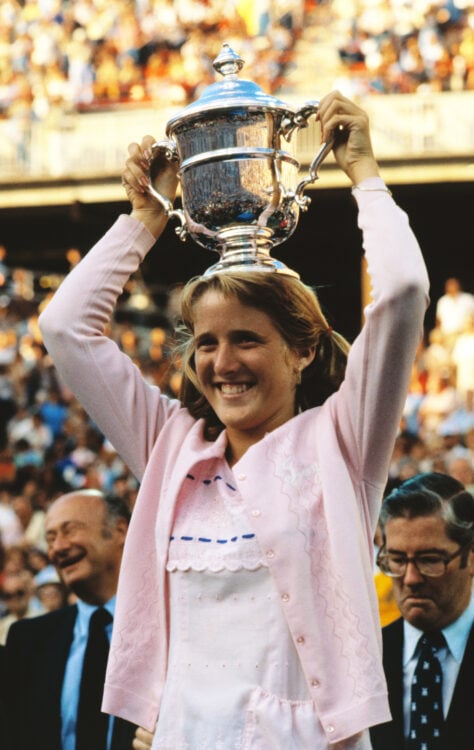 (Original Caption) With a smile of triumph, 16-year-old California schoolgirl Tracy Austin holds her trophy after winning the United States Open te...