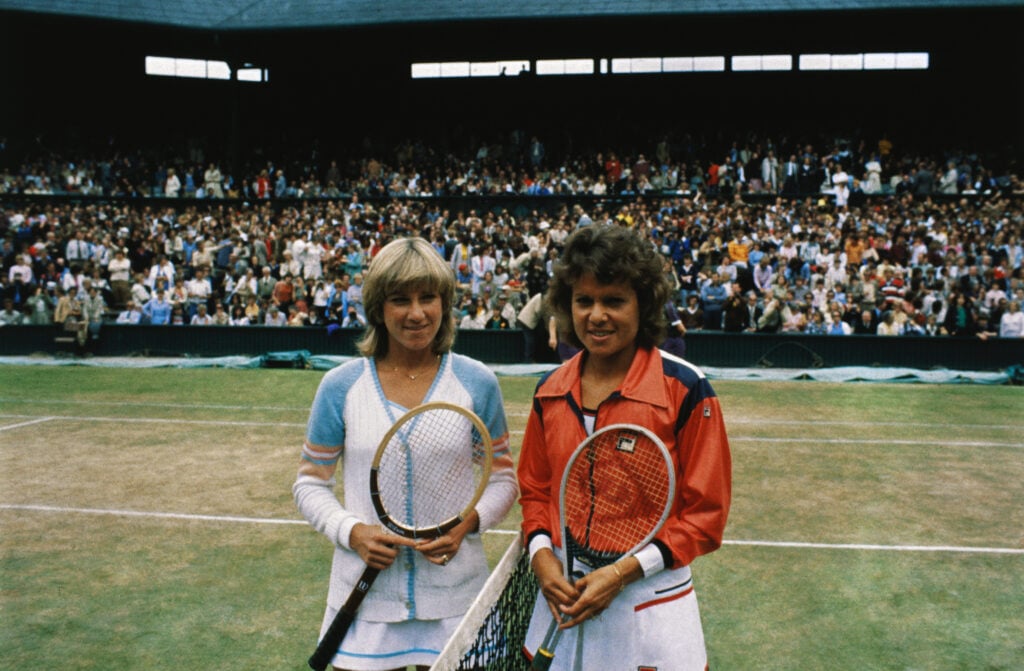 Posing on the day of the Ladies' Singles Final at the 1980 Wimbledon Championships are American, Chris Evert Lloyd (left), and Australian, Evonne Goolagong Cawley, who won the event.