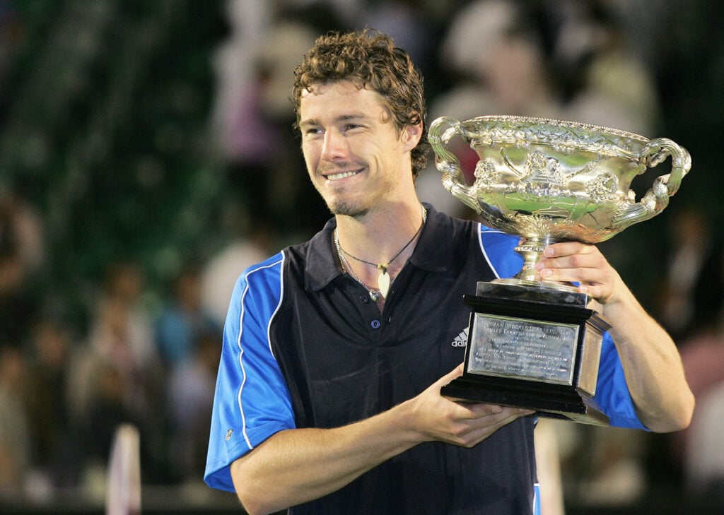 Marat Safin poses with the Australian Open trophy in 2005.